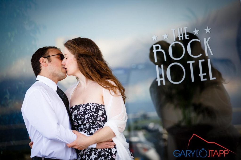 Bride & Groom outside The Rock Hotel Gibraltar wedding venue