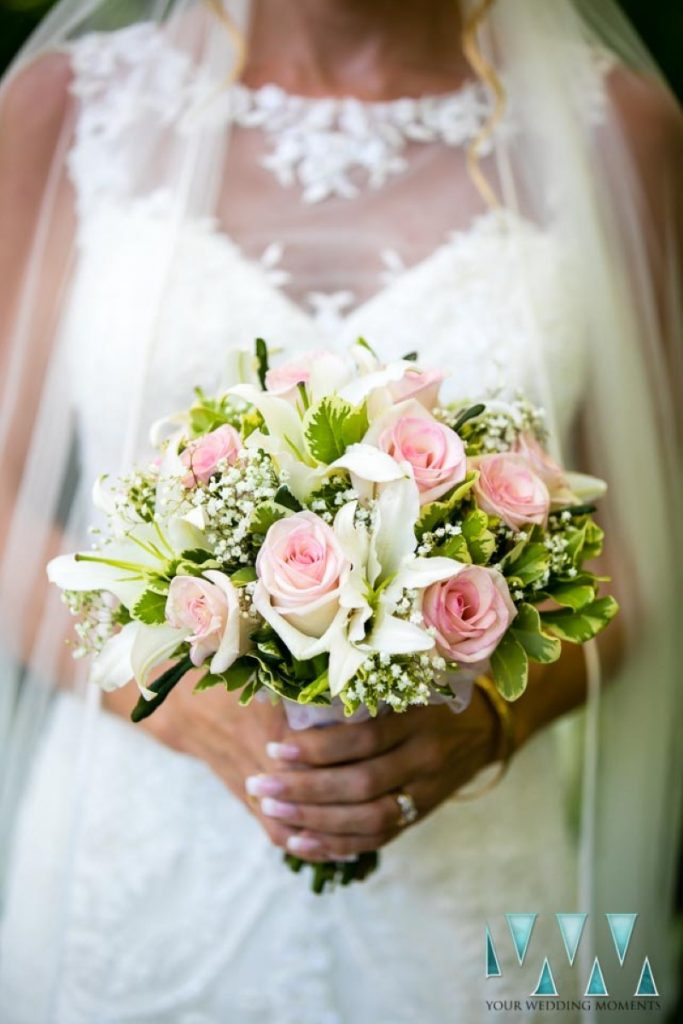 The Dell Gibraltar Wedding dress and bouquet