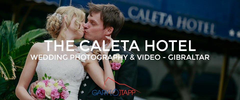 Bride and Groom outside The Caleta Hotel wedding venue in Gibraltar